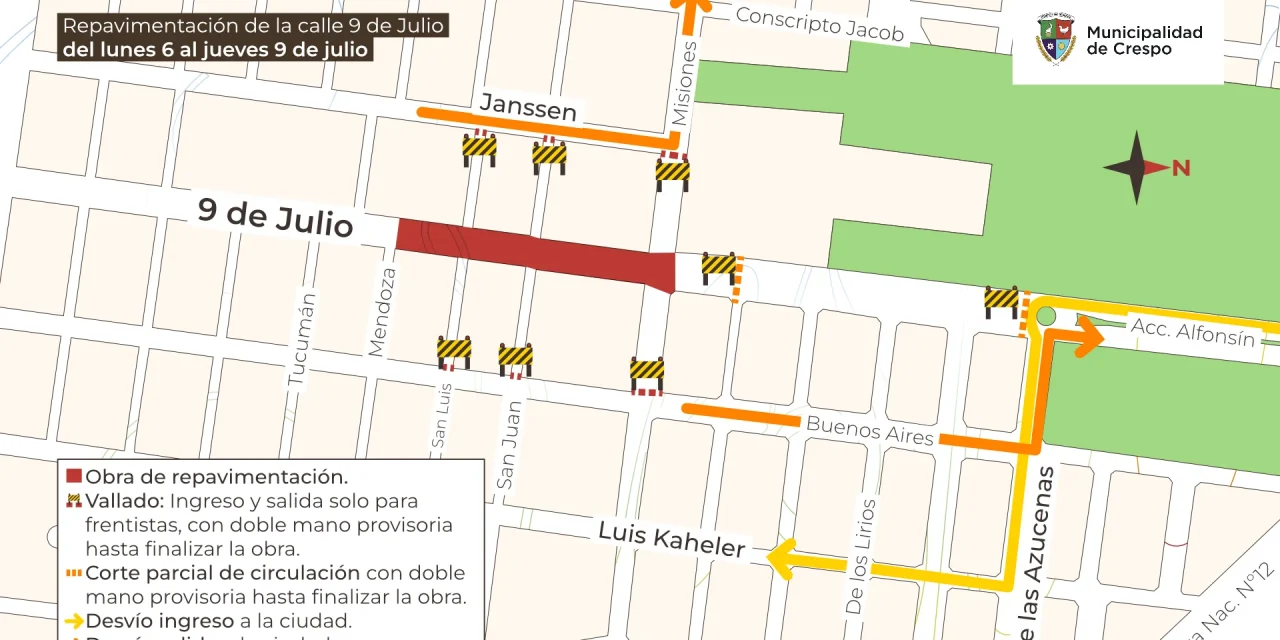 DISPOSITIVO DE TRÁNSITO POR OBRAS DE REPAVIMENTACIÓN EN CALLE 9 DE JULIO