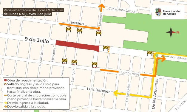 DISPOSITIVO DE TRÁNSITO POR OBRAS DE REPAVIMENTACIÓN EN CALLE 9 DE JULIO